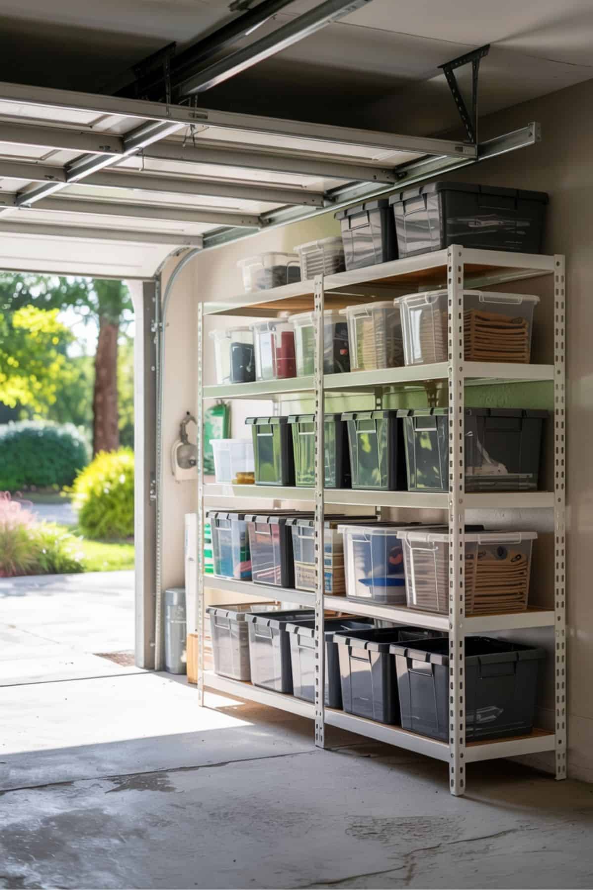 Tidy organised garage with shelving and storage tubs