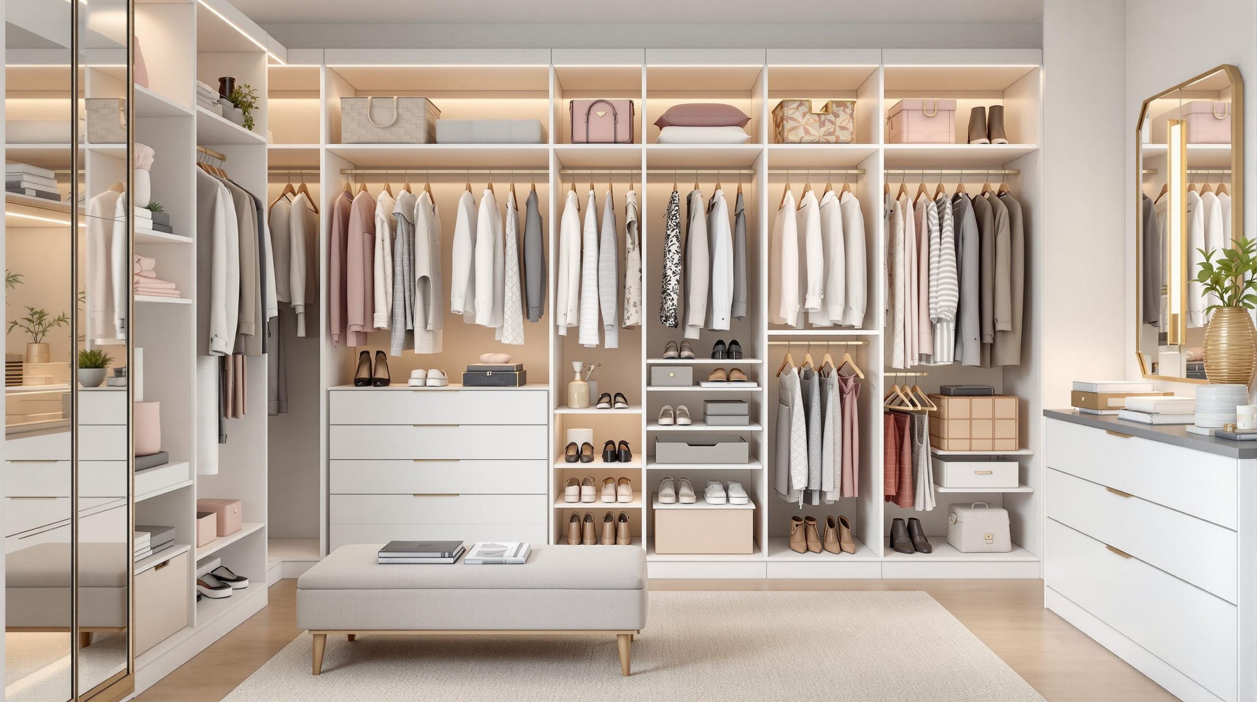 Beautifully organised walk-in wardrobe